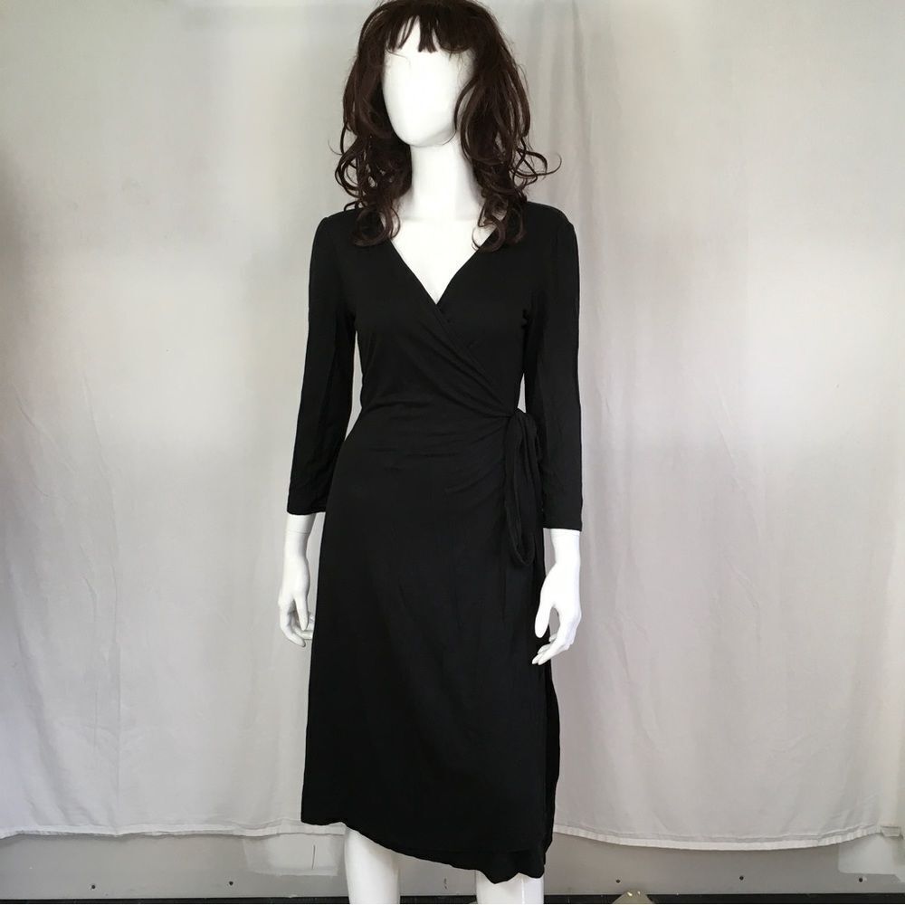 Gap Maternity Black Jersey Surplice V-Neck 3/4 Sleeve Wrap Knee Length Dress S - Picture 3 of 8